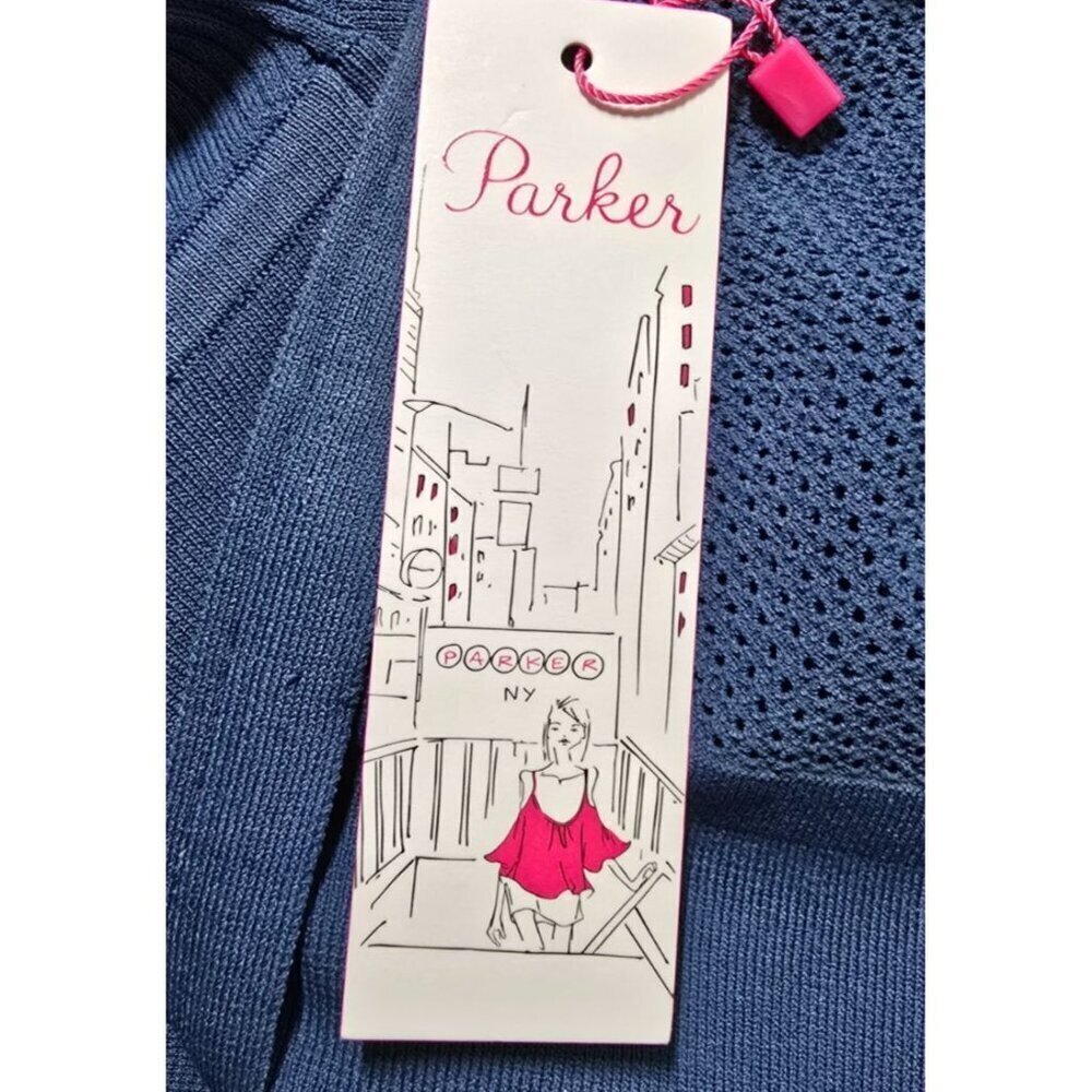 Parker Dress XS Drop Waist Peplum Tiered Blue Stretch Comfort Eyelet Open Knit - Picture 8 of 15